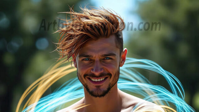 Abstract Male Art, AI photos of handsome shirtless men dancing with Light Rays, colorful art in motion. Guys dancing with radiant light rays that wrap around his body in flowing patterns, emphasizing his movements and adding a sense of ethereal fluidity. The designs appear weightless and almost sculptural, creates a striking contrast against the backgrounds making him the center of a cosmic dance, with energy and elegance. AI-generated abstract art HD photos featuring handsome, sexy, shirtless, men, boys, lads, dancing with colorful light rays, dynamic, interactive. Combining elements of realism with surreal abstract qualities, showcasing the potential of AI in artistic expression.