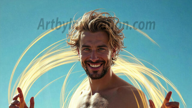 Abstract Male Art, AI photos of handsome shirtless men dancing with Light Rays, colorful art in motion. Guys dancing with radiant light rays that wrap around his body in flowing patterns, emphasizing his movements and adding a sense of ethereal fluidity. The designs appear weightless and almost sculptural, creates a striking contrast against the backgrounds making him the center of a cosmic dance, with energy and elegance. AI-generated abstract art HD photos featuring handsome, sexy, shirtless, men, boys, lads, dancing with colorful light rays, dynamic, interactive. Combining elements of realism with surreal abstract qualities, showcasing the potential of AI in artistic expression.