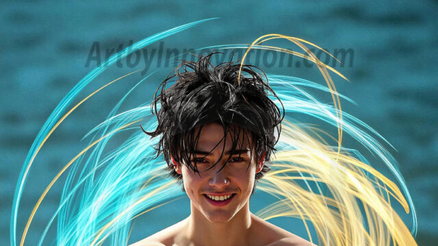 Abstract Male Art, AI photos of handsome shirtless men dancing with Light Rays, colorful art in motion. Guys dancing with radiant light rays that wrap around his body in flowing patterns, emphasizing his movements and adding a sense of ethereal fluidity. The designs appear weightless and almost sculptural, creates a striking contrast against the backgrounds making him the center of a cosmic dance, with energy and elegance. AI-generated abstract art HD photos featuring handsome, sexy, shirtless, men, boys, lads, dancing with colorful light rays, dynamic, interactive. Combining elements of realism with surreal abstract qualities, showcasing the potential of AI in artistic expression.