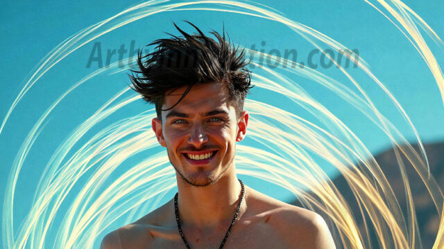 Abstract Male Art, AI photos of handsome shirtless men dancing with Light Rays, colorful art in motion. Guys dancing with radiant light rays that wrap around his body in flowing patterns, emphasizing his movements and adding a sense of ethereal fluidity. The designs appear weightless and almost sculptural, creates a striking contrast against the backgrounds making him the center of a cosmic dance, with energy and elegance. AI-generated abstract art HD photos featuring handsome, sexy, shirtless, men, boys, lads, dancing with colorful light rays, dynamic, interactive. Combining elements of realism with surreal abstract qualities, showcasing the potential of AI in artistic expression.