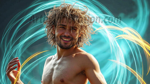 Abstract Male Art, AI photos of handsome shirtless men dancing with Light Rays, colorful art in motion. Guys dancing with radiant light rays that wrap around his body in flowing patterns, emphasizing his movements and adding a sense of ethereal fluidity. The designs appear weightless and almost sculptural, creates a striking contrast against the backgrounds making him the center of a cosmic dance, with energy and elegance. AI-generated abstract art HD photos featuring handsome, sexy, shirtless, men, boys, lads, dancing with colorful light rays, dynamic, interactive. Combining elements of realism with surreal abstract qualities, showcasing the potential of AI in artistic expression.