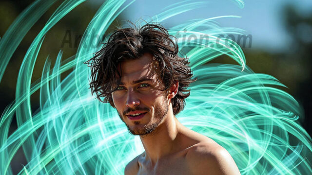 Abstract Male Art, AI photos of handsome shirtless men dancing with Light Rays, colorful art in motion. Guys dancing with radiant light rays that wrap around his body in flowing patterns, emphasizing his movements and adding a sense of ethereal fluidity. The designs appear weightless and almost sculptural, creates a striking contrast against the backgrounds making him the center of a cosmic dance, with energy and elegance. AI-generated abstract art HD photos featuring handsome, sexy, shirtless, men, boys, lads, dancing with colorful light rays, dynamic, interactive. Combining elements of realism with surreal abstract qualities, showcasing the potential of AI in artistic expression.