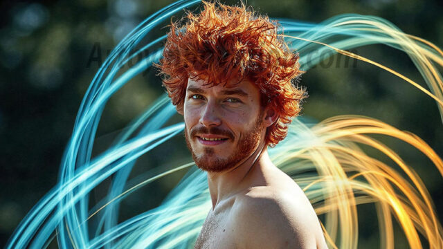 Abstract Male Art, AI photos of handsome shirtless men dancing with Light Rays, colorful art in motion. Guys dancing with radiant light rays that wrap around his body in flowing patterns, emphasizing his movements and adding a sense of ethereal fluidity. The designs appear weightless and almost sculptural, creates a striking contrast against the backgrounds making him the center of a cosmic dance, with energy and elegance. AI-generated abstract art HD photos featuring handsome, sexy, shirtless, men, boys, lads, dancing with colorful light rays, dynamic, interactive. Combining elements of realism with surreal abstract qualities, showcasing the potential of AI in artistic expression.