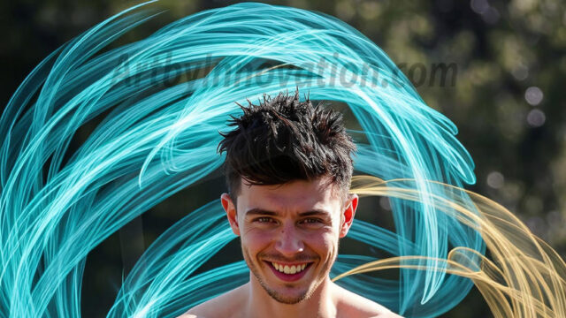 Abstract Male Art, AI photos of handsome shirtless men dancing with Light Rays, colorful art in motion. Guys dancing with radiant light rays that wrap around his body in flowing patterns, emphasizing his movements and adding a sense of ethereal fluidity. The designs appear weightless and almost sculptural, creates a striking contrast against the backgrounds making him the center of a cosmic dance, with energy and elegance. AI-generated abstract art HD photos featuring handsome, sexy, shirtless, men, boys, lads, dancing with colorful light rays, dynamic, interactive. Combining elements of realism with surreal abstract qualities, showcasing the potential of AI in artistic expression.