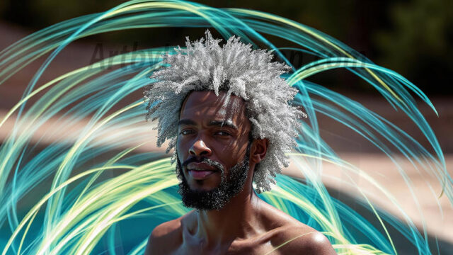 Abstract Male Art, AI photos of handsome shirtless men dancing with Light Rays, colorful art in motion. Guys dancing with radiant light rays that wrap around his body in flowing patterns, emphasizing his movements and adding a sense of ethereal fluidity. The designs appear weightless and almost sculptural, creates a striking contrast against the backgrounds making him the center of a cosmic dance, with energy and elegance. AI-generated abstract art HD photos featuring handsome, sexy, shirtless, men, boys, lads, dancing with colorful light rays, dynamic, interactive. Combining elements of realism with surreal abstract qualities, showcasing the potential of AI in artistic expression.