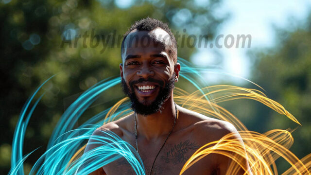 Abstract Male Art, AI photos of handsome shirtless men dancing with Light Rays, colorful art in motion. Guys dancing with radiant light rays that wrap around his body in flowing patterns, emphasizing his movements and adding a sense of ethereal fluidity. The designs appear weightless and almost sculptural, creates a striking contrast against the backgrounds making him the center of a cosmic dance, with energy and elegance. AI-generated abstract art HD photos featuring handsome, sexy, shirtless, men, boys, lads, dancing with colorful light rays, dynamic, interactive. Combining elements of realism with surreal abstract qualities, showcasing the potential of AI in artistic expression.