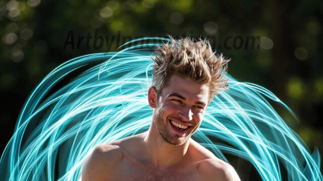 Abstract Male Art, AI photos of handsome shirtless men dancing with Light Rays, colorful art in motion. Guys dancing with radiant light rays that wrap around his body in flowing patterns, emphasizing his movements and adding a sense of ethereal fluidity. The designs appear weightless and almost sculptural, creates a striking contrast against the backgrounds making him the center of a cosmic dance, with energy and elegance. AI-generated abstract art HD photos featuring handsome, sexy, shirtless, men, boys, lads, dancing with colorful light rays, dynamic, interactive. Combining elements of realism with surreal abstract qualities, showcasing the potential of AI in artistic expression.