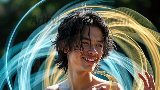 Abstract Male Art, AI photos of handsome shirtless men dancing with Light Rays, colorful art in motion. Guys dancing with radiant light rays that wrap around his body in flowing patterns, emphasizing his movements and adding a sense of ethereal fluidity. The designs appear weightless and almost sculptural, creates a striking contrast against the backgrounds making him the center of a cosmic dance, with energy and elegance. AI-generated abstract art HD photos featuring handsome, sexy, shirtless, men, boys, lads, dancing with colorful light rays, dynamic, interactive. Combining elements of realism with surreal abstract qualities, showcasing the potential of AI in artistic expression.