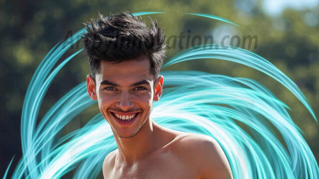 Abstract Male Art, AI photos of handsome shirtless men dancing with Light Rays, colorful art in motion. Guys dancing with radiant light rays that wrap around his body in flowing patterns, emphasizing his movements and adding a sense of ethereal fluidity. The designs appear weightless and almost sculptural, creates a striking contrast against the backgrounds making him the center of a cosmic dance, with energy and elegance. AI-generated abstract art HD photos featuring handsome, sexy, shirtless, men, boys, lads, dancing with colorful light rays, dynamic, interactive. Combining elements of realism with surreal abstract qualities, showcasing the potential of AI in artistic expression.
