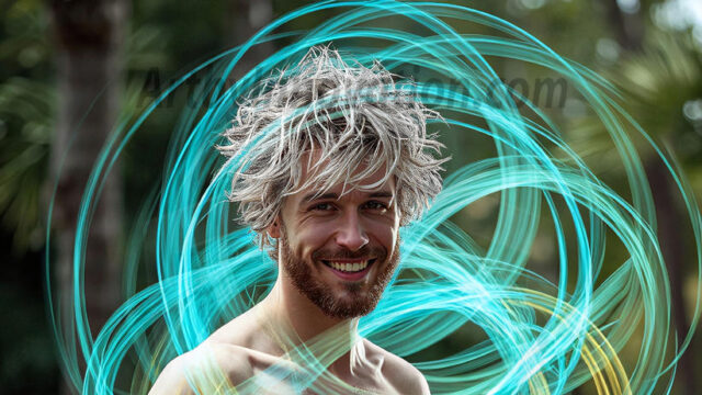 Abstract Male Art, AI photos of handsome shirtless men dancing with Light Rays, colorful art in motion. Guys dancing with radiant light rays that wrap around his body in flowing patterns, emphasizing his movements and adding a sense of ethereal fluidity. The designs appear weightless and almost sculptural, creates a striking contrast against the backgrounds making him the center of a cosmic dance, with energy and elegance. AI-generated abstract art HD photos featuring handsome, sexy, shirtless, men, boys, lads, dancing with colorful light rays, dynamic, interactive. Combining elements of realism with surreal abstract qualities, showcasing the potential of AI in artistic expression.