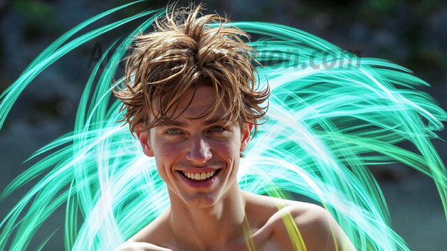 Abstract Male Art, AI photos of handsome shirtless men dancing with Light Rays, colorful art in motion. Guys dancing with radiant light rays that wrap around his body in flowing patterns, emphasizing his movements and adding a sense of ethereal fluidity. The designs appear weightless and almost sculptural, creates a striking contrast against the backgrounds making him the center of a cosmic dance, with energy and elegance. AI-generated abstract art HD photos featuring handsome, sexy, shirtless, men, boys, lads, dancing with colorful light rays, dynamic, interactive. Combining elements of realism with surreal abstract qualities, showcasing the potential of AI in artistic expression.