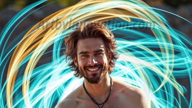 Abstract Male Art, AI photos of handsome shirtless men dancing with Light Rays, colorful art in motion. Guys dancing with radiant light rays that wrap around his body in flowing patterns, emphasizing his movements and adding a sense of ethereal fluidity. The designs appear weightless and almost sculptural, creates a striking contrast against the backgrounds making him the center of a cosmic dance, with energy and elegance. AI-generated abstract art HD photos featuring handsome, sexy, shirtless, men, boys, lads, dancing with colorful light rays, dynamic, interactive. Combining elements of realism with surreal abstract qualities, showcasing the potential of AI in artistic expression.