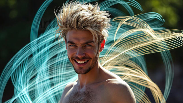 Abstract Male Art, AI photos of handsome shirtless men dancing with Light Rays, colorful art in motion. Guys dancing with radiant light rays that wrap around his body in flowing patterns, emphasizing his movements and adding a sense of ethereal fluidity. The designs appear weightless and almost sculptural, creates a striking contrast against the backgrounds making him the center of a cosmic dance, with energy and elegance. AI-generated abstract art HD photos featuring handsome, sexy, shirtless, men, boys, lads, dancing with colorful light rays, dynamic, interactive. Combining elements of realism with surreal abstract qualities, showcasing the potential of AI in artistic expression.