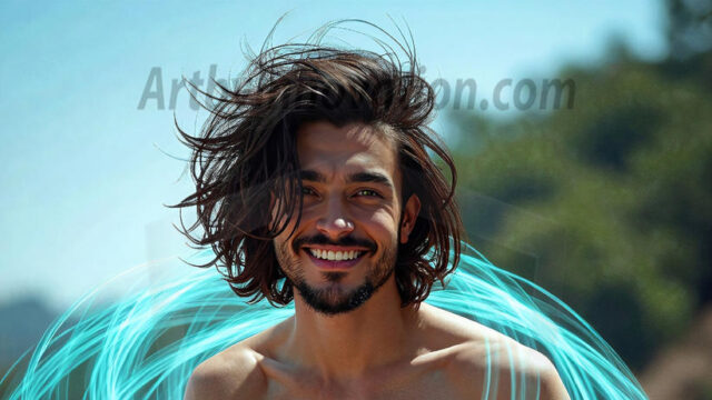 Abstract Male Art, AI photos of handsome shirtless men dancing with Light Rays, colorful art in motion. Guys dancing with radiant light rays that wrap around his body in flowing patterns, emphasizing his movements and adding a sense of ethereal fluidity. The designs appear weightless and almost sculptural, creates a striking contrast against the backgrounds making him the center of a cosmic dance, with energy and elegance. AI-generated abstract art HD photos featuring handsome, sexy, shirtless, men, boys, lads, dancing with colorful light rays, dynamic, interactive. Combining elements of realism with surreal abstract qualities, showcasing the potential of AI in artistic expression.