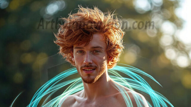 Abstract Male Art, AI photos of handsome shirtless men dancing with Light Rays, colorful art in motion. Guys dancing with radiant light rays that wrap around his body in flowing patterns, emphasizing his movements and adding a sense of ethereal fluidity. The designs appear weightless and almost sculptural, creates a striking contrast against the backgrounds making him the center of a cosmic dance, with energy and elegance. AI-generated abstract art HD photos featuring handsome, sexy, shirtless, men, boys, lads, dancing with colorful light rays, dynamic, interactive. Combining elements of realism with surreal abstract qualities, showcasing the potential of AI in artistic expression.