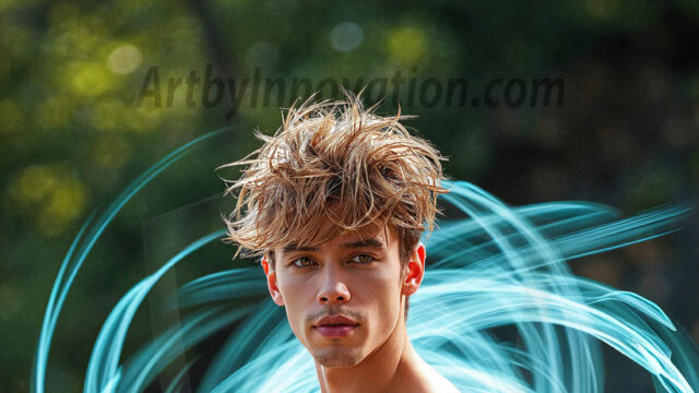 Abstract Male Art, AI photos of handsome shirtless men dancing with Light Rays, colorful art in motion. Guys dancing with radiant light rays that wrap around his body in flowing patterns, emphasizing his movements and adding a sense of ethereal fluidity. The designs appear weightless and almost sculptural, creates a striking contrast against the backgrounds making him the center of a cosmic dance, with energy and elegance. AI-generated abstract art HD photos featuring handsome, sexy, shirtless, men, boys, lads, dancing with colorful light rays, dynamic, interactive. Combining elements of realism with surreal abstract qualities, showcasing the potential of AI in artistic expression.