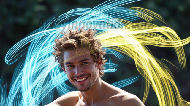 Abstract Male Art, AI photos of handsome shirtless men dancing with Light Rays, colorful art in motion. Guys dancing with radiant light rays that wrap around his body in flowing patterns, emphasizing his movements and adding a sense of ethereal fluidity. The designs appear weightless and almost sculptural, creates a striking contrast against the backgrounds making him the center of a cosmic dance, with energy and elegance. AI-generated abstract art HD photos featuring handsome, sexy, shirtless, men, boys, lads, dancing with colorful light rays, dynamic, interactive. Combining elements of realism with surreal abstract qualities, showcasing the potential of AI in artistic expression.