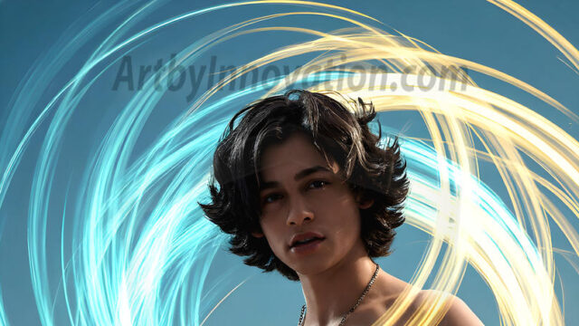 Abstract Male Art, AI photos of handsome shirtless men dancing with Light Rays, colorful art in motion. Guys dancing with radiant light rays that wrap around his body in flowing patterns, emphasizing his movements and adding a sense of ethereal fluidity. The designs appear weightless and almost sculptural, creates a striking contrast against the backgrounds making him the center of a cosmic dance, with energy and elegance. AI-generated abstract art HD photos featuring handsome, sexy, shirtless, men, boys, lads, dancing with colorful light rays, dynamic, interactive. Combining elements of realism with surreal abstract qualities, showcasing the potential of AI in artistic expression.