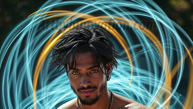 Abstract Male Art, AI photos of handsome shirtless men dancing with Light Rays, colorful art in motion. Guys dancing with radiant light rays that wrap around his body in flowing patterns, emphasizing his movements and adding a sense of ethereal fluidity. The designs appear weightless and almost sculptural, creates a striking contrast against the backgrounds making him the center of a cosmic dance, with energy and elegance. AI-generated abstract art HD photos featuring handsome, sexy, shirtless, men, boys, lads, dancing with colorful light rays, dynamic, interactive. Combining elements of realism with surreal abstract qualities, showcasing the potential of AI in artistic expression.