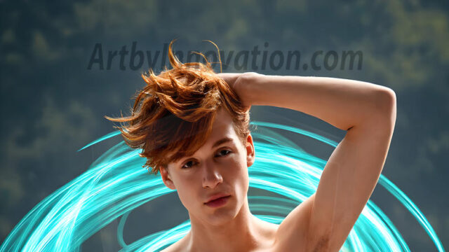 Abstract Male Art, AI photos of handsome shirtless men dancing with Light Rays, colorful art in motion. Guys dancing with radiant light rays that wrap around his body in flowing patterns, emphasizing his movements and adding a sense of ethereal fluidity. The designs appear weightless and almost sculptural, creates a striking contrast against the backgrounds making him the center of a cosmic dance, with energy and elegance. AI-generated abstract art HD photos featuring handsome, sexy, shirtless, men, boys, lads, dancing with colorful light rays, dynamic, interactive. Combining elements of realism with surreal abstract qualities, showcasing the potential of AI in artistic expression.