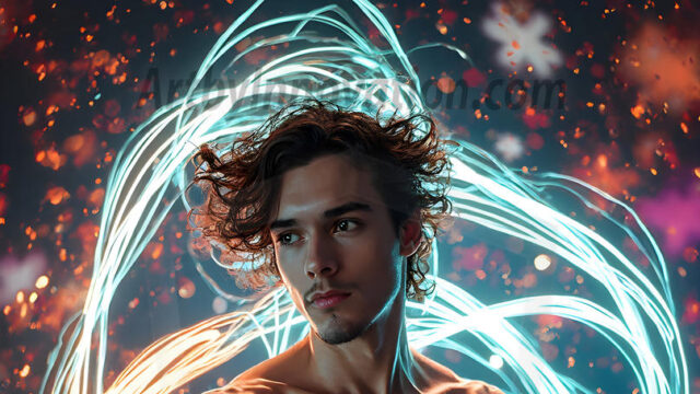 Abstract Male Art, AI photos of handsome shirtless men dancing with Light Rays, colorful art in motion. Guys dancing with radiant light rays that wrap around his body in flowing patterns, emphasizing his movements and adding a sense of ethereal fluidity. The designs appear weightless and almost sculptural, creates a striking contrast against the backgrounds making him the center of a cosmic dance, with energy and elegance. AI-generated abstract art HD photos featuring handsome, sexy, shirtless, men, boys, lads, dancing with colorful light rays, dynamic, interactive. Combining elements of realism with surreal abstract qualities, showcasing the potential of AI in artistic expression.