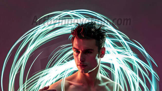 Abstract Male Art, AI photos of handsome shirtless men dancing with Light Rays, colorful art in motion. Guys dancing with radiant light rays that wrap around his body in flowing patterns, emphasizing his movements and adding a sense of ethereal fluidity. The designs appear weightless and almost sculptural, creates a striking contrast against the backgrounds making him the center of a cosmic dance, with energy and elegance. AI-generated abstract art HD photos featuring handsome, sexy, shirtless, men, boys, lads, dancing with colorful light rays, dynamic, interactive. Combining elements of realism with surreal abstract qualities, showcasing the potential of AI in artistic expression.