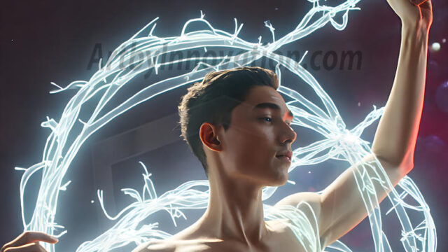 Abstract Male Art, AI photos of handsome shirtless men dancing with Light Rays, colorful art in motion. Guys dancing with radiant light rays that wrap around his body in flowing patterns, emphasizing his movements and adding a sense of ethereal fluidity. The designs appear weightless and almost sculptural, creates a striking contrast against the backgrounds making him the center of a cosmic dance, with energy and elegance. AI-generated abstract art HD photos featuring handsome, sexy, shirtless, men, boys, lads, dancing with colorful light rays, dynamic, interactive. Combining elements of realism with surreal abstract qualities, showcasing the potential of AI in artistic expression.