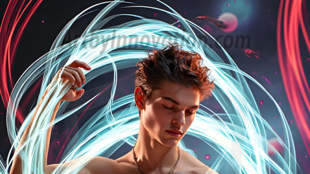 Abstract Male Art, AI photos of handsome shirtless men dancing with Light Rays, colorful art in motion. Guys dancing with radiant light rays that wrap around his body in flowing patterns, emphasizing his movements and adding a sense of ethereal fluidity. The designs appear weightless and almost sculptural, creates a striking contrast against the backgrounds making him the center of a cosmic dance, with energy and elegance. AI-generated abstract art HD photos featuring handsome, sexy, shirtless, men, boys, lads, dancing with colorful light rays, dynamic, interactive. Combining elements of realism with surreal abstract qualities, showcasing the potential of AI in artistic expression.