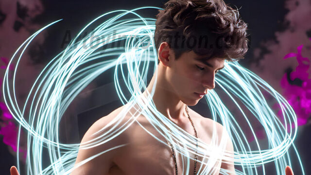 Abstract Male Art, AI photos of handsome shirtless men dancing with Light Rays, colorful art in motion. Guys dancing with radiant light rays that wrap around his body in flowing patterns, emphasizing his movements and adding a sense of ethereal fluidity. The designs appear weightless and almost sculptural, creates a striking contrast against the backgrounds making him the center of a cosmic dance, with energy and elegance. AI-generated abstract art HD photos featuring handsome, sexy, shirtless, men, boys, lads, dancing with colorful light rays, dynamic, interactive. Combining elements of realism with surreal abstract qualities, showcasing the potential of AI in artistic expression.