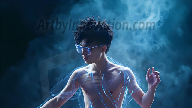 Abstract Male Art, AI photos of handsome shirtless men dancing with Light Rays, colorful art in motion. Guys dancing with radiant light rays that wrap around his body in flowing patterns, emphasizing his movements and adding a sense of ethereal fluidity. The designs appear weightless and almost sculptural, creates a striking contrast against the backgrounds making him the center of a cosmic dance, with energy and elegance. AI-generated abstract art HD photos featuring handsome, sexy, shirtless, men, boys, lads, dancing with colorful light rays, dynamic, interactive. Combining elements of realism with surreal abstract qualities, showcasing the potential of AI in artistic expression.