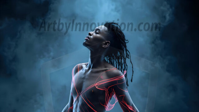 Abstract Male Art, AI photos of handsome shirtless men dancing with Light Rays, colorful art in motion. Guys dancing with radiant light rays that wrap around his body in flowing patterns, emphasizing his movements and adding a sense of ethereal fluidity. The designs appear weightless and almost sculptural, creates a striking contrast against the backgrounds making him the center of a cosmic dance, with energy and elegance. AI-generated abstract art HD photos featuring handsome, sexy, shirtless, men, boys, lads, dancing with colorful light rays, dynamic, interactive. Combining elements of realism with surreal abstract qualities, showcasing the potential of AI in artistic expression.