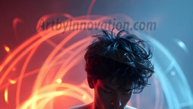 Abstract Male Art, AI photos of handsome shirtless men dancing with Light Rays, colorful art in motion. Guys dancing with radiant light rays that wrap around his body in flowing patterns, emphasizing his movements and adding a sense of ethereal fluidity. The designs appear weightless and almost sculptural, creates a striking contrast against the backgrounds making him the center of a cosmic dance, with energy and elegance. AI-generated abstract art HD photos featuring handsome, sexy, shirtless, men, boys, lads, dancing with colorful light rays, dynamic, interactive. Combining elements of realism with surreal abstract qualities, showcasing the potential of AI in artistic expression.