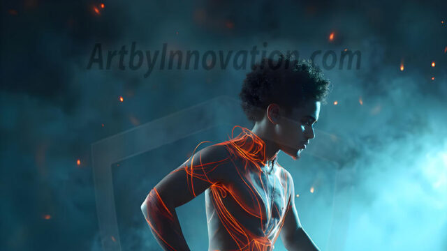 Abstract Male Art, AI photos of handsome shirtless men dancing with Light Rays, colorful art in motion. Guys dancing with radiant light rays that wrap around his body in flowing patterns, emphasizing his movements and adding a sense of ethereal fluidity. The designs appear weightless and almost sculptural, creates a striking contrast against the backgrounds making him the center of a cosmic dance, with energy and elegance. AI-generated abstract art HD photos featuring handsome, sexy, shirtless, men, boys, lads, dancing with colorful light rays, dynamic, interactive. Combining elements of realism with surreal abstract qualities, showcasing the potential of AI in artistic expression.
