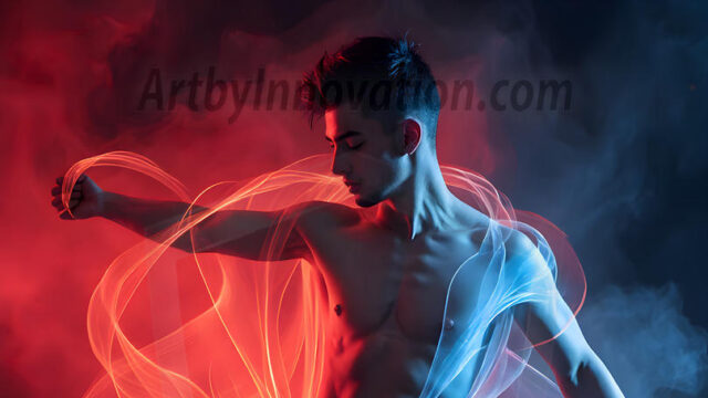 Abstract Male Art, AI photos of handsome shirtless men dancing with Light Rays, colorful art in motion. Guys dancing with radiant light rays that wrap around his body in flowing patterns, emphasizing his movements and adding a sense of ethereal fluidity. The designs appear weightless and almost sculptural, creates a striking contrast against the backgrounds making him the center of a cosmic dance, with energy and elegance. AI-generated abstract art HD photos featuring handsome, sexy, shirtless, men, boys, lads, dancing with colorful light rays, dynamic, interactive. Combining elements of realism with surreal abstract qualities, showcasing the potential of AI in artistic expression.