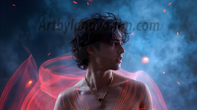 Abstract Male Art, AI photos of handsome shirtless men dancing with Light Rays, colorful art in motion. Guys dancing with radiant light rays that wrap around his body in flowing patterns, emphasizing his movements and adding a sense of ethereal fluidity. The designs appear weightless and almost sculptural, creates a striking contrast against the backgrounds making him the center of a cosmic dance, with energy and elegance. AI-generated abstract art HD photos featuring handsome, sexy, shirtless, men, boys, lads, dancing with colorful light rays, dynamic, interactive. Combining elements of realism with surreal abstract qualities, showcasing the potential of AI in artistic expression.