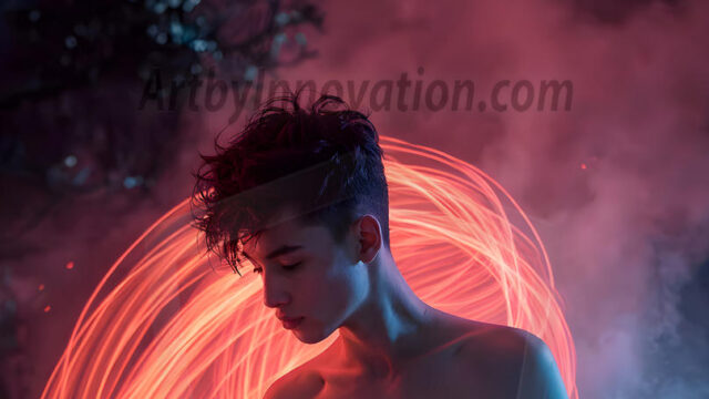 Abstract Male Art, AI photos of handsome shirtless men dancing with Light Rays, colorful art in motion. Guys dancing with radiant light rays that wrap around his body in flowing patterns, emphasizing his movements and adding a sense of ethereal fluidity. The designs appear weightless and almost sculptural, creates a striking contrast against the backgrounds making him the center of a cosmic dance, with energy and elegance. AI-generated abstract art HD photos featuring handsome, sexy, shirtless, men, boys, lads, dancing with colorful light rays, dynamic, interactive. Combining elements of realism with surreal abstract qualities, showcasing the potential of AI in artistic expression.
