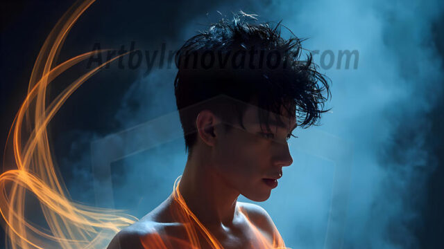 Abstract Male Art, AI photos of handsome shirtless men dancing with Light Rays, colorful art in motion. Guys dancing with radiant light rays that wrap around his body in flowing patterns, emphasizing his movements and adding a sense of ethereal fluidity. The designs appear weightless and almost sculptural, creates a striking contrast against the backgrounds making him the center of a cosmic dance, with energy and elegance. AI-generated abstract art HD photos featuring handsome, sexy, shirtless, men, boys, lads, dancing with colorful light rays, dynamic, interactive. Combining elements of realism with surreal abstract qualities, showcasing the potential of AI in artistic expression.