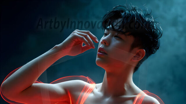 Abstract Male Art, AI photos of handsome shirtless men dancing with Light Rays, colorful art in motion. Guys dancing with radiant light rays that wrap around his body in flowing patterns, emphasizing his movements and adding a sense of ethereal fluidity. The designs appear weightless and almost sculptural, creates a striking contrast against the backgrounds making him the center of a cosmic dance, with energy and elegance. AI-generated abstract art HD photos featuring handsome, sexy, shirtless, men, boys, lads, dancing with colorful light rays, dynamic, interactive. Combining elements of realism with surreal abstract qualities, showcasing the potential of AI in artistic expression.