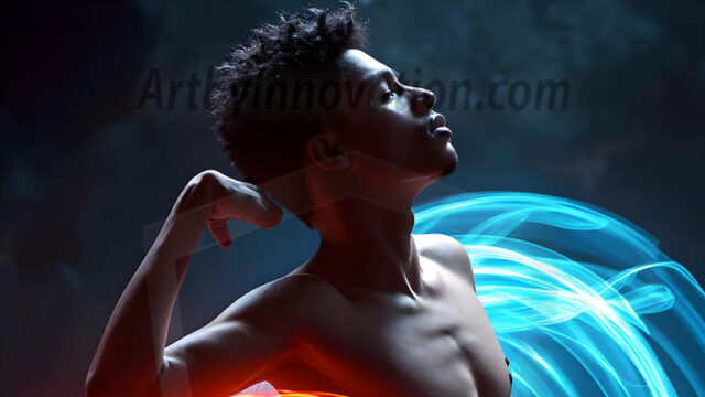 Abstract Male Art, AI photos of handsome shirtless men dancing with Light Rays, colorful art in motion. Guys dancing with radiant light rays that wrap around his body in flowing patterns, emphasizing his movements and adding a sense of ethereal fluidity. The designs appear weightless and almost sculptural, creates a striking contrast against the backgrounds making him the center of a cosmic dance, with energy and elegance. AI-generated abstract art HD photos featuring handsome, sexy, shirtless, men, boys, lads, dancing with colorful light rays, dynamic, interactive. Combining elements of realism with surreal abstract qualities, showcasing the potential of AI in artistic expression.