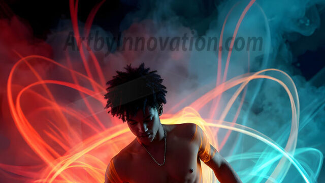 Abstract Male Art, AI photos of handsome shirtless men dancing with Light Rays, colorful art in motion. Guys dancing with radiant light rays that wrap around his body in flowing patterns, emphasizing his movements and adding a sense of ethereal fluidity. The designs appear weightless and almost sculptural, creates a striking contrast against the backgrounds making him the center of a cosmic dance, with energy and elegance. AI-generated abstract art HD photos featuring handsome, sexy, shirtless, men, boys, lads, dancing with colorful light rays, dynamic, interactive. Combining elements of realism with surreal abstract qualities, showcasing the potential of AI in artistic expression.