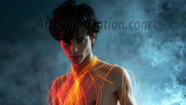Abstract Male Art, AI photos of handsome shirtless men dancing with Light Rays, colorful art in motion. Guys dancing with radiant light rays that wrap around his body in flowing patterns, emphasizing his movements and adding a sense of ethereal fluidity. The designs appear weightless and almost sculptural, creates a striking contrast against the backgrounds making him the center of a cosmic dance, with energy and elegance. AI-generated abstract art HD photos featuring handsome, sexy, shirtless, men, boys, lads, dancing with colorful light rays, dynamic, interactive. Combining elements of realism with surreal abstract qualities, showcasing the potential of AI in artistic expression.