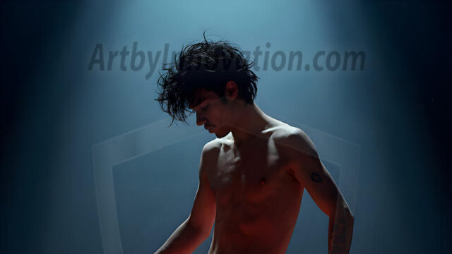 Abstract Male Art, AI photos of handsome shirtless men dancing with Light Rays, colorful art in motion. Guys dancing with radiant light rays that wrap around his body in flowing patterns, emphasizing his movements and adding a sense of ethereal fluidity. The designs appear weightless and almost sculptural, creates a striking contrast against the backgrounds making him the center of a cosmic dance, with energy and elegance. AI-generated abstract art HD photos featuring handsome, sexy, shirtless, men, boys, lads, dancing with colorful light rays, dynamic, interactive. Combining elements of realism with surreal abstract qualities, showcasing the potential of AI in artistic expression.