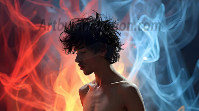 Abstract Male Art, AI photos of handsome shirtless men dancing with Light Rays, colorful art in motion. Guys dancing with radiant light rays that wrap around his body in flowing patterns, emphasizing his movements and adding a sense of ethereal fluidity. The designs appear weightless and almost sculptural, creates a striking contrast against the backgrounds making him the center of a cosmic dance, with energy and elegance. AI-generated abstract art HD photos featuring handsome, sexy, shirtless, men, boys, lads, dancing with colorful light rays, dynamic, interactive. Combining elements of realism with surreal abstract qualities, showcasing the potential of AI in artistic expression.