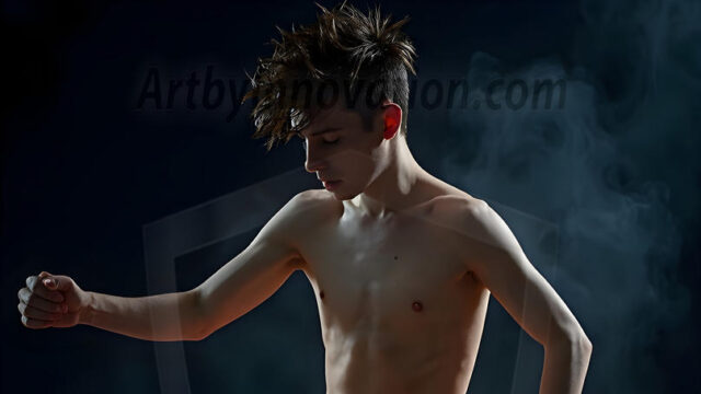 Abstract Male Art, AI photos of handsome shirtless men dancing with Light Rays, colorful art in motion. Guys dancing with radiant light rays that wrap around his body in flowing patterns, emphasizing his movements and adding a sense of ethereal fluidity. The designs appear weightless and almost sculptural, creates a striking contrast against the backgrounds making him the center of a cosmic dance, with energy and elegance. AI-generated abstract art HD photos featuring handsome, sexy, shirtless, men, boys, lads, dancing with colorful light rays, dynamic, interactive. Combining elements of realism with surreal abstract qualities, showcasing the potential of AI in artistic expression.