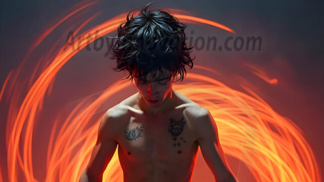 Abstract Male Art, AI photos of handsome shirtless men dancing with Light Rays, colorful art in motion. Guys dancing with radiant light rays that wrap around his body in flowing patterns, emphasizing his movements and adding a sense of ethereal fluidity. The designs appear weightless and almost sculptural, creates a striking contrast against the backgrounds making him the center of a cosmic dance, with energy and elegance. AI-generated abstract art HD photos featuring handsome, sexy, shirtless, men, boys, lads, dancing with colorful light rays, dynamic, interactive. Combining elements of realism with surreal abstract qualities, showcasing the potential of AI in artistic expression.