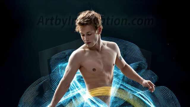 Abstract Male Art, AI photos of handsome shirtless men dancing with Light Rays, colorful art in motion. Guys dancing with radiant light rays that wrap around his body in flowing patterns, emphasizing his movements and adding a sense of ethereal fluidity. The designs appear weightless and almost sculptural, creates a striking contrast against the backgrounds making him the center of a cosmic dance, with energy and elegance. AI-generated abstract art HD photos featuring handsome, sexy, shirtless, men, boys, lads, dancing with colorful light rays, dynamic, interactive. Combining elements of realism with surreal abstract qualities, showcasing the potential of AI in artistic expression.