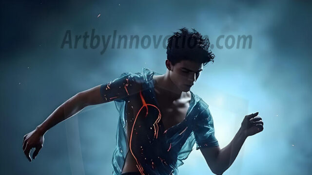 Abstract Male Art, AI photos of handsome shirtless men dancing with Light Rays, colorful art in motion. Guys dancing with radiant light rays that wrap around his body in flowing patterns, emphasizing his movements and adding a sense of ethereal fluidity. The designs appear weightless and almost sculptural, creates a striking contrast against the backgrounds making him the center of a cosmic dance, with energy and elegance. AI-generated abstract art HD photos featuring handsome, sexy, shirtless, men, boys, lads, dancing with colorful light rays, dynamic, interactive. Combining elements of realism with surreal abstract qualities, showcasing the potential of AI in artistic expression.