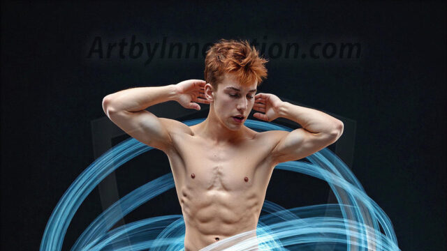 Abstract Male Art, AI photos of handsome shirtless men dancing with Light Rays, colorful art in motion. Guys dancing with radiant light rays that wrap around his body in flowing patterns, emphasizing his movements and adding a sense of ethereal fluidity. The designs appear weightless and almost sculptural, creates a striking contrast against the backgrounds making him the center of a cosmic dance, with energy and elegance. AI-generated abstract art HD photos featuring handsome, sexy, shirtless, men, boys, lads, dancing with colorful light rays, dynamic, interactive. Combining elements of realism with surreal abstract qualities, showcasing the potential of AI in artistic expression.