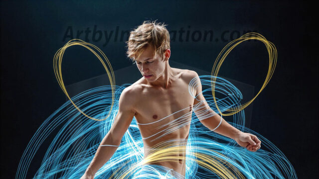 Abstract Male Art, AI photos of handsome shirtless men dancing with Light Rays, colorful art in motion. Guys dancing with radiant light rays that wrap around his body in flowing patterns, emphasizing his movements and adding a sense of ethereal fluidity. The designs appear weightless and almost sculptural, creates a striking contrast against the backgrounds making him the center of a cosmic dance, with energy and elegance. AI-generated abstract art HD photos featuring handsome, sexy, shirtless, men, boys, lads, dancing with colorful light rays, dynamic, interactive. Combining elements of realism with surreal abstract qualities, showcasing the potential of AI in artistic expression.