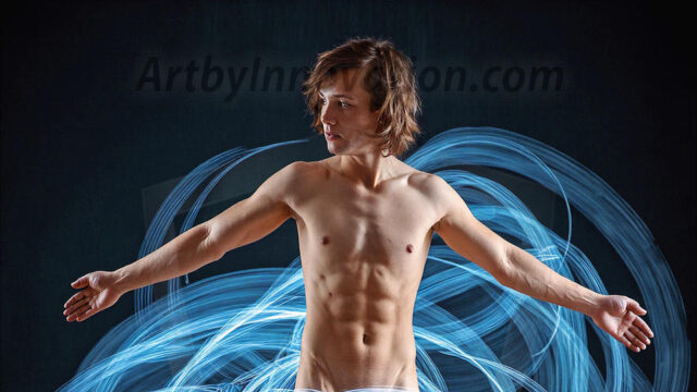 Abstract Male Art, AI photos of handsome shirtless men dancing with Light Rays, colorful art in motion. Guys dancing with radiant light rays that wrap around his body in flowing patterns, emphasizing his movements and adding a sense of ethereal fluidity. The designs appear weightless and almost sculptural, creates a striking contrast against the backgrounds making him the center of a cosmic dance, with energy and elegance. AI-generated abstract art HD photos featuring handsome, sexy, shirtless, men, boys, lads, dancing with colorful light rays, dynamic, interactive. Combining elements of realism with surreal abstract qualities, showcasing the potential of AI in artistic expression.